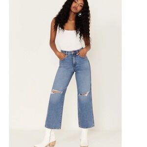Wrangler Womens High Rise Relaxed Mom Jeans Distressed Wide‎ Leg Blue 31x28